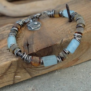 Bursztyn,akwamaryn UNISEX - bransoletka 016